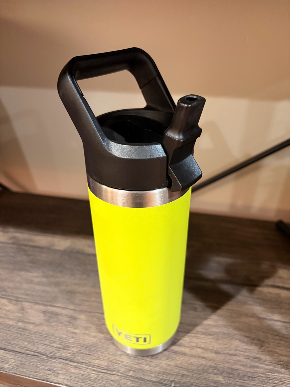 Yeti Rambler Bottle with Neon green Exterior and Black Lid